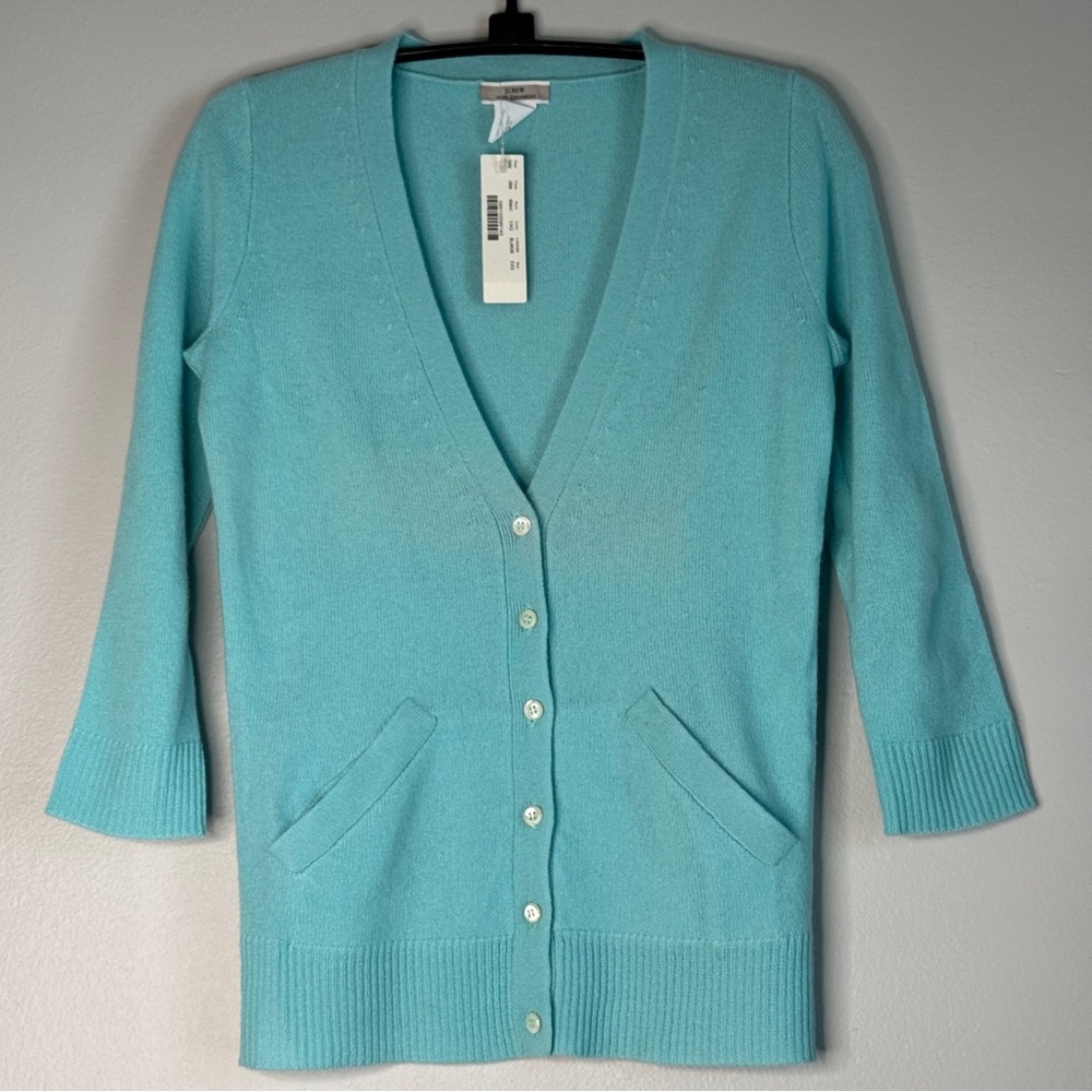 J. Crew Light Blue 100% Cashmere Cardigan Sweater Pockets Button 3/4 Sleeves 2XS